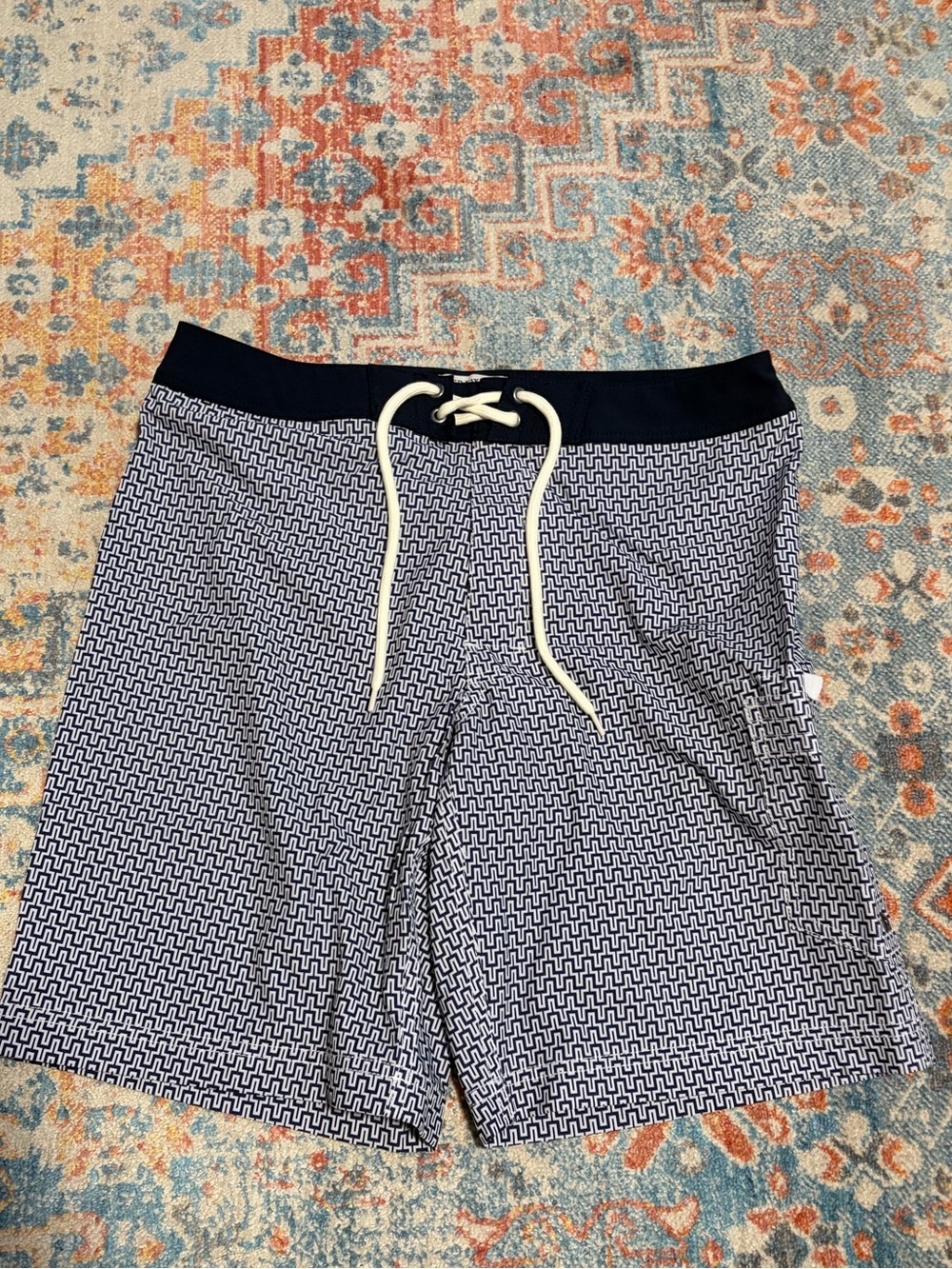 J.Crew blue and white geometric 9 inch bathing suit